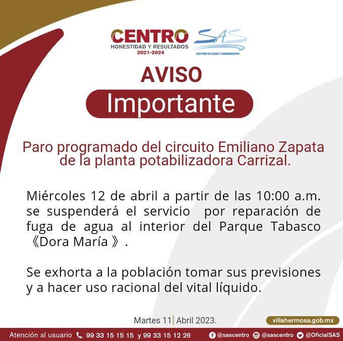 El SAS suspenderán hoy miércoles servicio en circuito “Zapata” de potabilizadora “Carrizal” a partir de las 10 de la mañana.